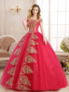 Simple Off the Shoulder Floor Length Lace Up Sweet 16 Dresses Red for Military Ball and Sweet 16 and Quinceanera with Ap