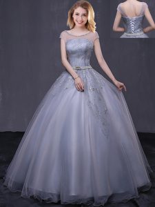 Scoop Grey Ball Gowns Beading and Belt Quinceanera Dresses Lace Up Tulle Cap Sleeves Floor Length