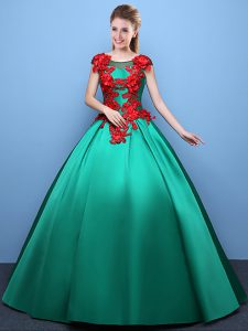 Scoop Cap Sleeves Floor Length Appliques Lace Up Sweet 16 Quinceanera Dress with Green