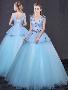 Exquisite Light Blue Quinceanera Gowns Military Ball and Sweet 16 and Quinceanera and For with Appliques V-neck Sleevele