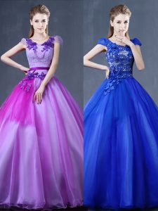 Clearance Purple Ball Gowns Organza V-neck Short Sleeves Lace and Appliques Floor Length Lace Up 15 Quinceanera Dress