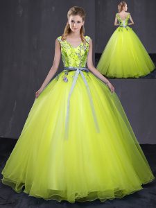 Best Yellow Green Sleeveless Tulle Lace Up Sweet 16 Dress for Military Ball and Sweet 16 and Quinceanera