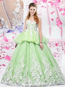 Scoop Yellow Green Sleeveless Floor Length Lace and Appliques Lace Up Quinceanera Gown