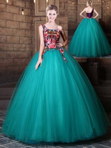 One Shoulder Sleeveless Tulle Floor Length Lace Up Quinceanera Gowns in Teal with Pattern