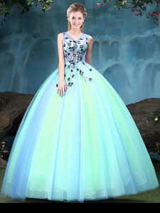Multi-color Ball Gowns Tulle V-neck Sleeveless Appliques Floor Length Lace Up Sweet 16 Dresses