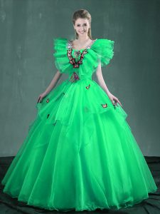 Nice Turquoise and Apple Green Ball Gowns Square Sleeveless Organza Floor Length Lace Up Embroidery Sweet 16 Dresses
