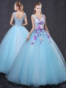 Sleeveless Floor Length Lace and Appliques Lace Up Ball Gown Prom Dress with Light Blue