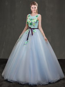 Sexy Light Blue Scoop Neckline Appliques Quince Ball Gowns Sleeveless Lace Up