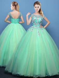 Custom Fit Scoop Cap Sleeves Lace Up Quinceanera Gown Apple Green Tulle