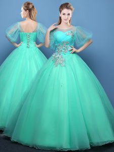 Luxury Scoop Half Sleeves Floor Length Appliques Lace Up Sweet 16 Quinceanera Dress with Turquoise