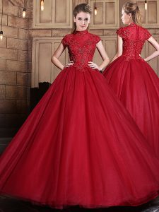Colorful Floor Length Ball Gowns Short Sleeves Wine Red Sweet 16 Dress Zipper
