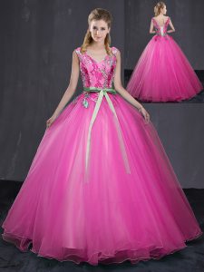 Floor Length Hot Pink Quinceanera Dresses V-neck Sleeveless Lace Up