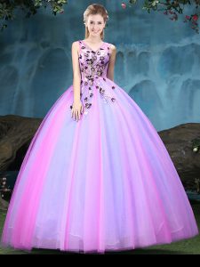 Beauteous Sleeveless Tulle Floor Length Lace Up Quinceanera Gown in Multi-color with Appliques