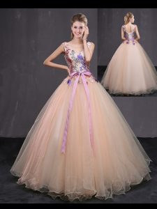 Artistic Peach Sleeveless Floor Length Appliques and Belt Lace Up Quinceanera Gowns