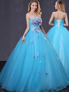 Modest Ball Gowns Quinceanera Dresses Baby Blue Strapless Tulle Sleeveless Floor Length Lace Up