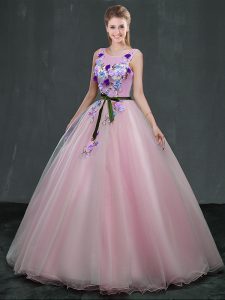 Suitable Scoop Floor Length Pink Sweet 16 Quinceanera Dress Organza Sleeveless Appliques