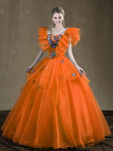 Orange Red Lace Up Quinceanera Gown Appliques and Ruffles Sleeveless Floor Length