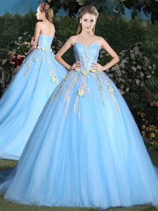 Light Blue Quinceanera Gowns Tulle Brush Train Sleeveless Appliques