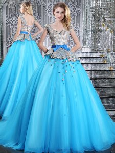 Brush Train Ball Gowns Quinceanera Gowns Baby Blue V-neck Tulle Sleeveless Lace Up