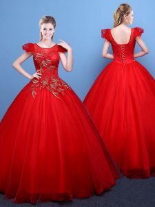 Hot Sale Scoop Short Sleeves Floor Length Appliques Lace Up Vestidos de Quinceanera with Red