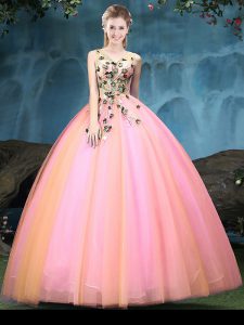 Tulle Sleeveless Floor Length 15th Birthday Dress and Appliques