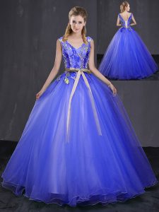 Superior Royal Blue Ball Gowns Appliques and Belt Quinceanera Dress Lace Up Tulle Sleeveless Floor Length
