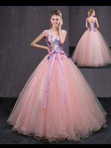 Charming Ball Gowns 15th Birthday Dress Baby Pink V-neck Tulle Sleeveless Floor Length Lace Up