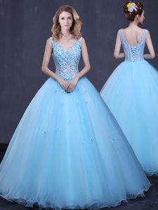 Spectacular Floor Length Ball Gowns Sleeveless Light Blue Quinceanera Dress Lace Up