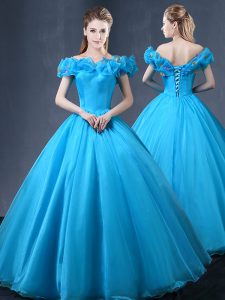 Baby Blue Ball Gowns Tulle Off The Shoulder Cap Sleeves Appliques Floor Length Lace Up Vestidos de Quinceanera