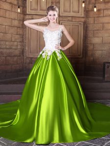 Custom Design Scoop Elastic Woven Satin Sleeveless With Train Sweet 16 Dress Court Train and Lace and Appliques