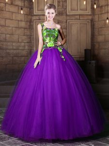 Beauteous One Shoulder Floor Length Ball Gowns Sleeveless Eggplant Purple Quinceanera Dresses Lace Up