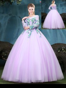 Scoop Tulle Long Sleeves Floor Length Sweet 16 Dresses and Appliques