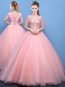 Baby Pink Half Sleeves Appliques Floor Length Ball Gown Prom Dress