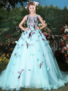 Delicate Brush Train Ball Gowns Quinceanera Gown Light Blue Scoop Organza Sleeveless Lace Up