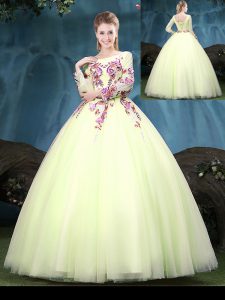 Scoop Yellow Green Ball Gowns Appliques Quinceanera Gowns Lace Up Tulle Long Sleeves Floor Length