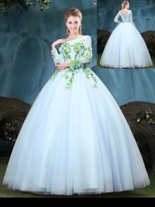 Fine Scoop Tulle Long Sleeves Floor Length Quinceanera Gown and Appliques