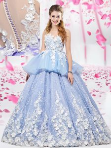 Eye-catching Scoop Sleeveless Quinceanera Gowns Floor Length Lace and Appliques Lavender Organza and Tulle