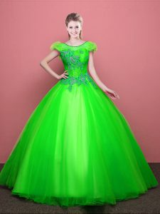 Captivating Scoop Tulle Short Sleeves Floor Length Sweet 16 Quinceanera Dress and Appliques