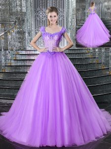 Modern Straps Lilac Ball Gowns Beading and Appliques Quinceanera Dress Lace Up Tulle Sleeveless With Train