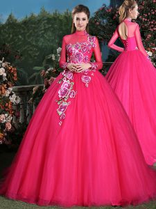 High-neck Long Sleeves Tulle Sweet 16 Quinceanera Dress Appliques Brush Train Lace Up