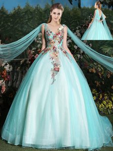 Aqua Blue Tulle Lace Up V-neck Sleeveless With Train Sweet 16 Quinceanera Dress Brush Train Appliques