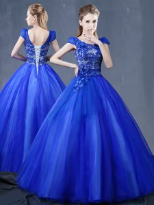Vintage Ball Gowns Quinceanera Gown Royal Blue V-neck Organza Short Sleeves Floor Length Lace Up