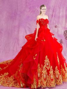 High End Off The Shoulder Sleeveless 15th Birthday Dress With Train Court Train Beading and Appliques and Ruffles Red Tu