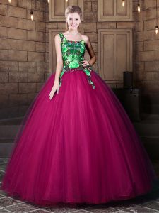 Latest One Shoulder Sleeveless Floor Length Pattern Lace Up Quinceanera Gowns with Fuchsia