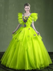 Glorious Floor Length Lace Up Quinceanera Dress Yellow Green for Military Ball and Sweet 16 and Quinceanera with Appliqu