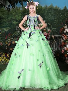 Comfortable Brush Train Ball Gowns Quinceanera Gowns Apple Green Scoop Organza Sleeveless Zipper