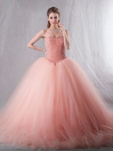 Hot Sale Brush Train Ball Gowns Quinceanera Gown Peach Sweetheart Tulle Sleeveless With Train Lace Up