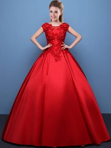 Modest Red Ball Gowns Satin Scoop Cap Sleeves Appliques Floor Length Lace Up Sweet 16 Dress
