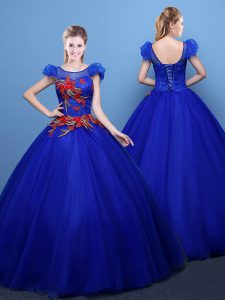Royal Blue 15 Quinceanera Dress Military Ball and Sweet 16 and Quinceanera and For with Appliques Scoop Short Sleeves La