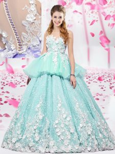 Superior Scoop Sleeveless Floor Length Lace and Appliques Lace Up Ball Gown Prom Dress with Apple Green